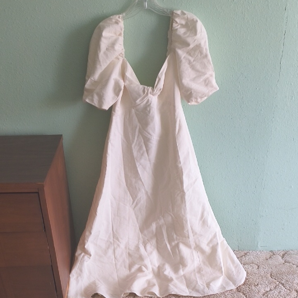 Zara Cream Midi Dress with Puff Sleeves
